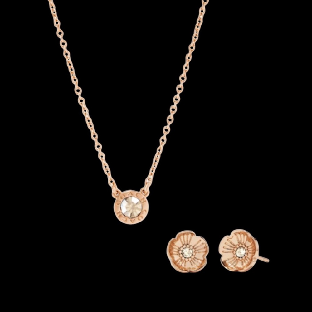 NEW Coach Open Circle Necklace & Tea Rose Stud Earrings  Style C6604 Rose Gold - Picture 8 of 12